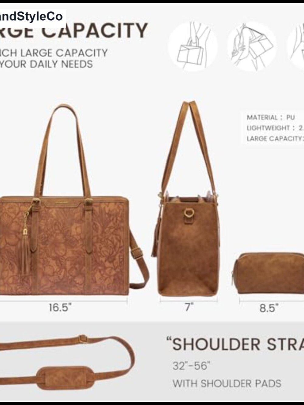 Vintage Faux Leather Laptop Tote Bag for Women 15.6 Inch Work Bag with Cup - Picture 2 of 5
